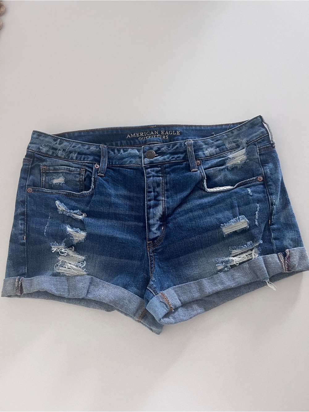 American Eagle Distressed Dark Blue Button Fly Stretch Denim Shorts in Size 16
